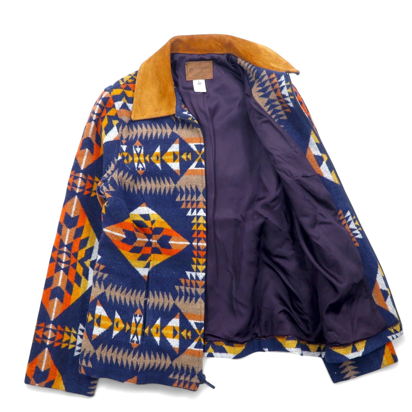 PENDLETON ネイティブ柄 ウール ジップアップジャケット ブルゾン S ネイビー マルチカラー 襟レザー エルサルバドル製