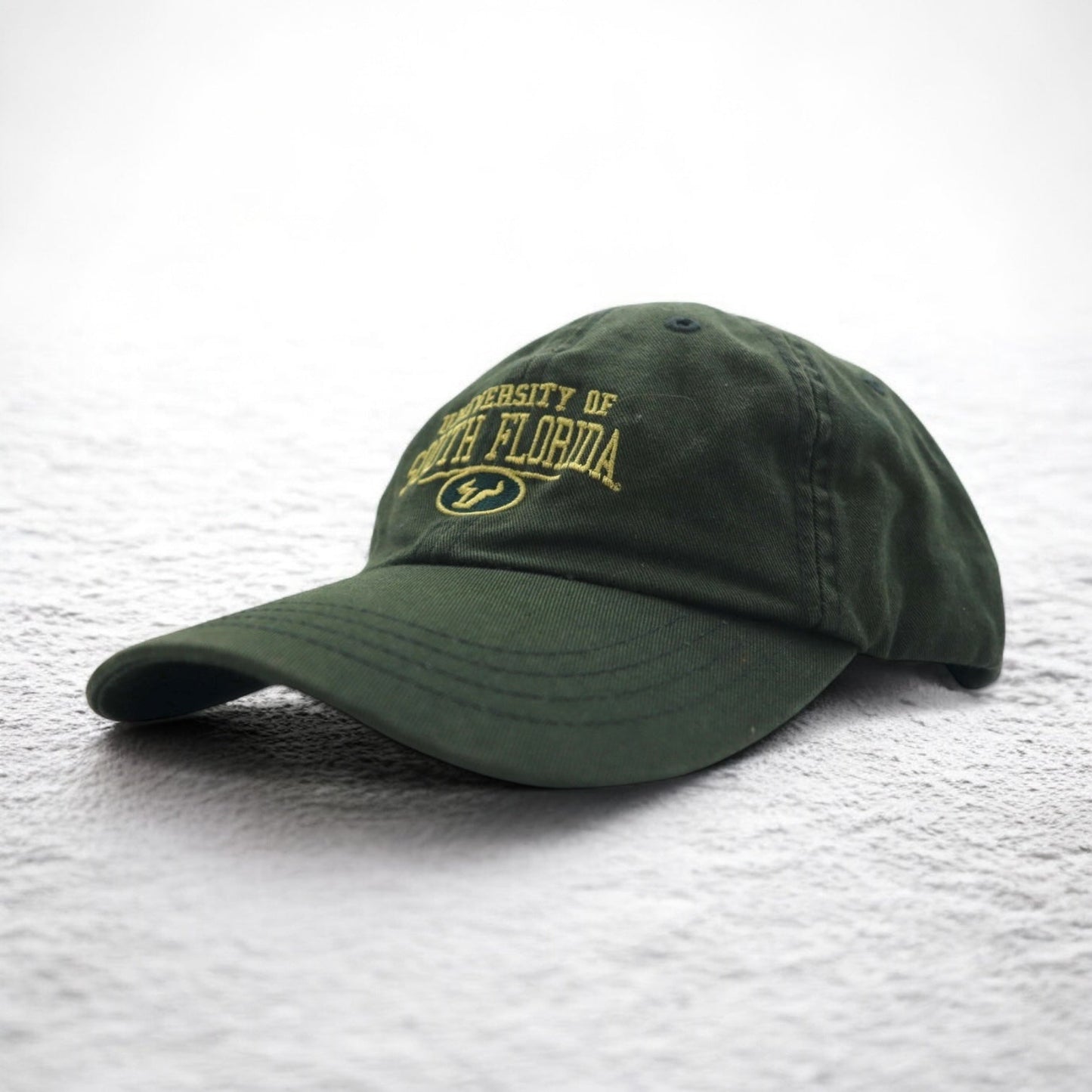 90年代 ZEPHYR ウォッシュド カレッジ刺繍 6パネルキャップ FREE マジックテープ カーキ SOUTH FLORIDA アーチロゴ