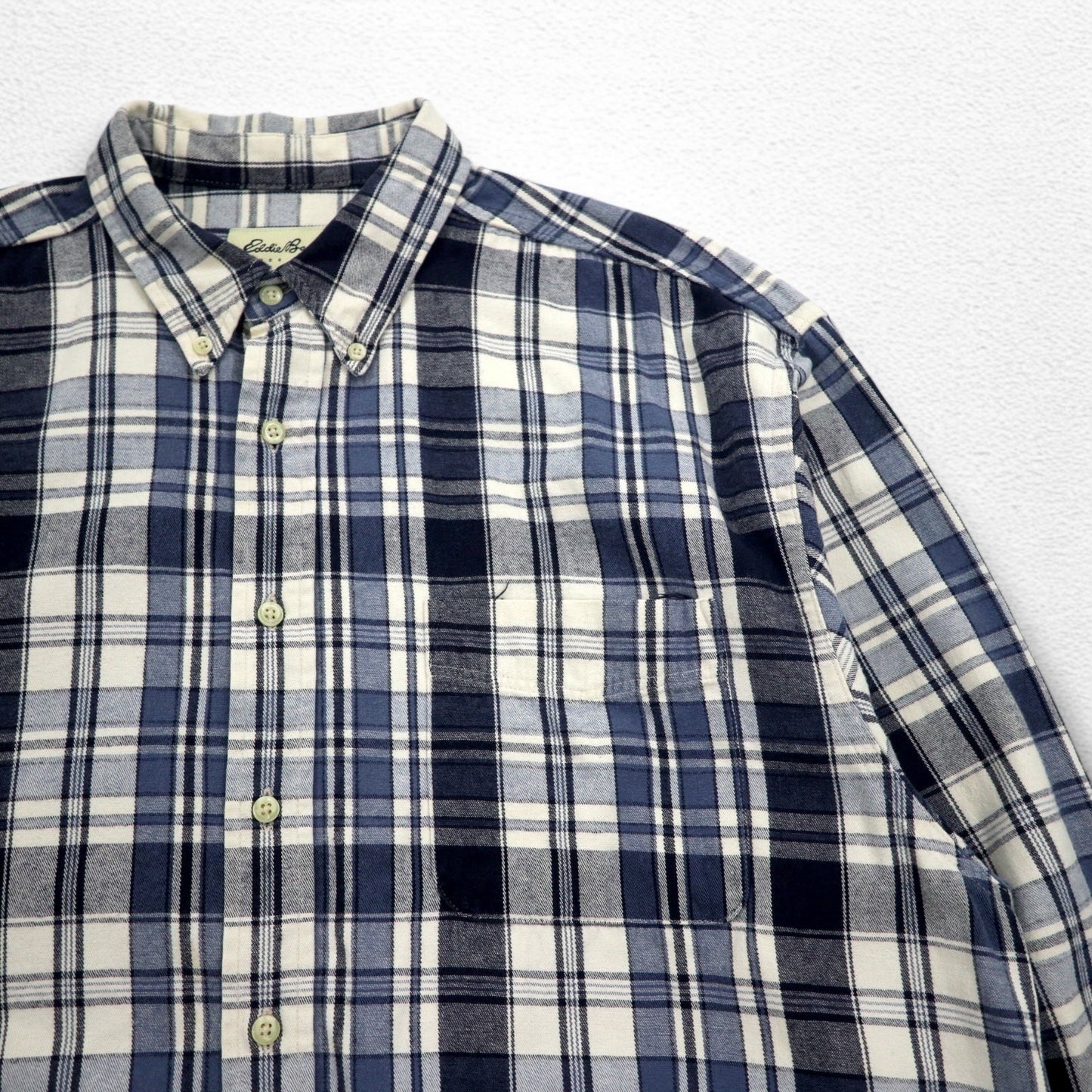 Eddie Bauer 90年代 ボタンダウン フランネルシャツ XL ホワイト ネイビー チェック コットン