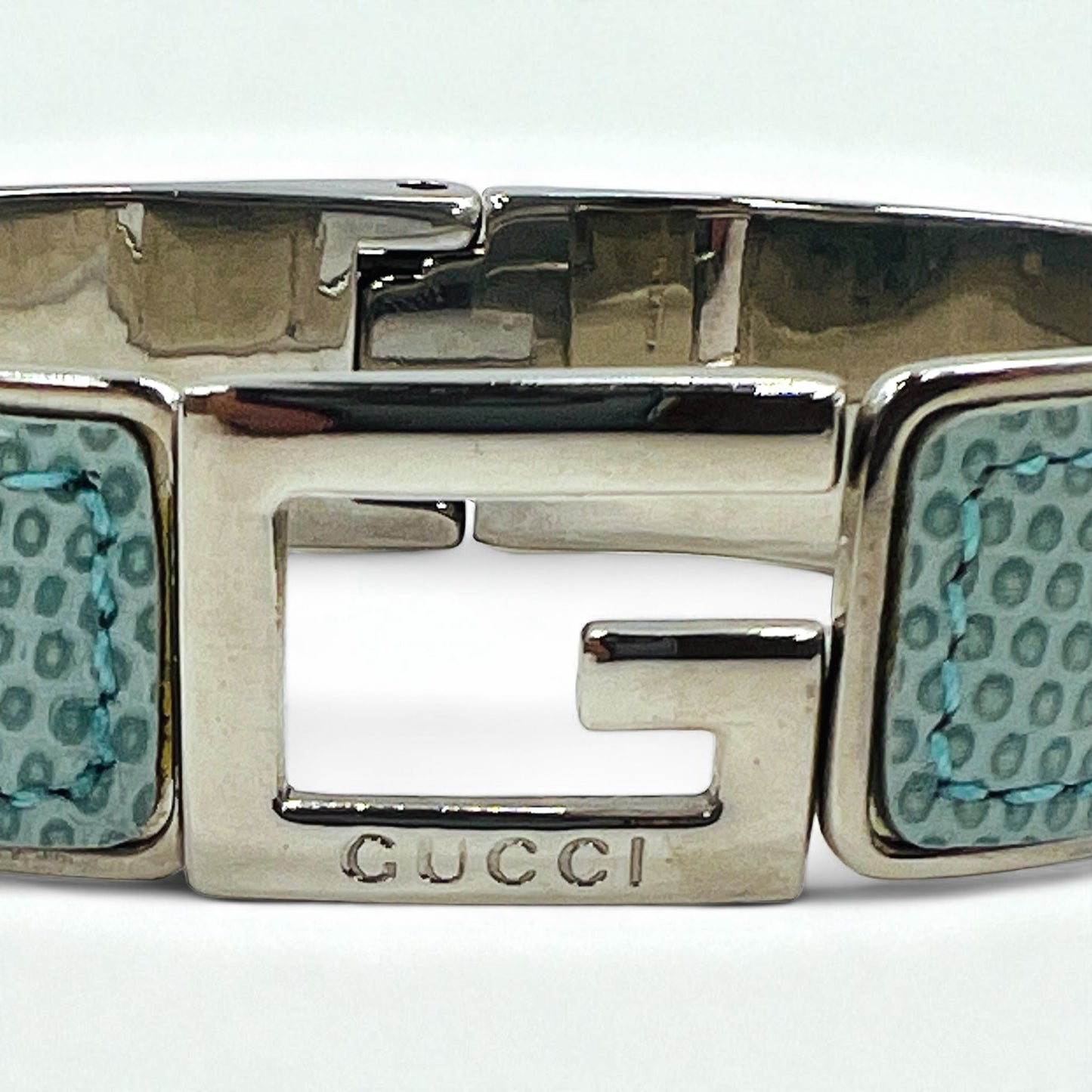 GUCCI リザード レザー Gロゴ ブレスレット バングル ブルー シルバー イタリア製