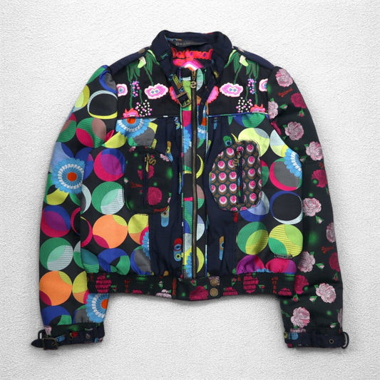 Desigual 総柄 シングル ライダースジャケット M ブラック 花柄 刺繍 DAMEN JACKET 10E2980 モロッコ製