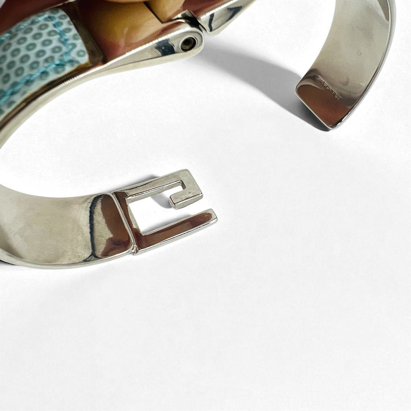 GUCCI リザード レザー Gロゴ ブレスレット バングル ブルー シルバー イタリア製