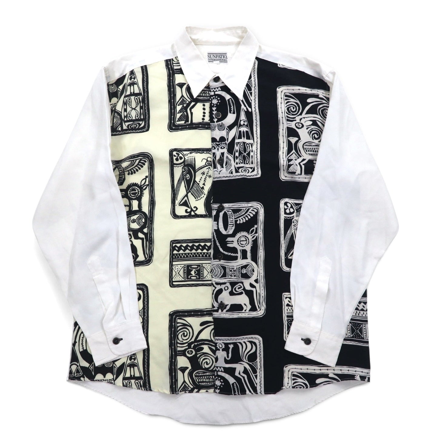 Vintage 90s Japan Made Retro Shirt 90年代 SUNPATIO ポリシャツ FREE ホワイト 総柄 日本製