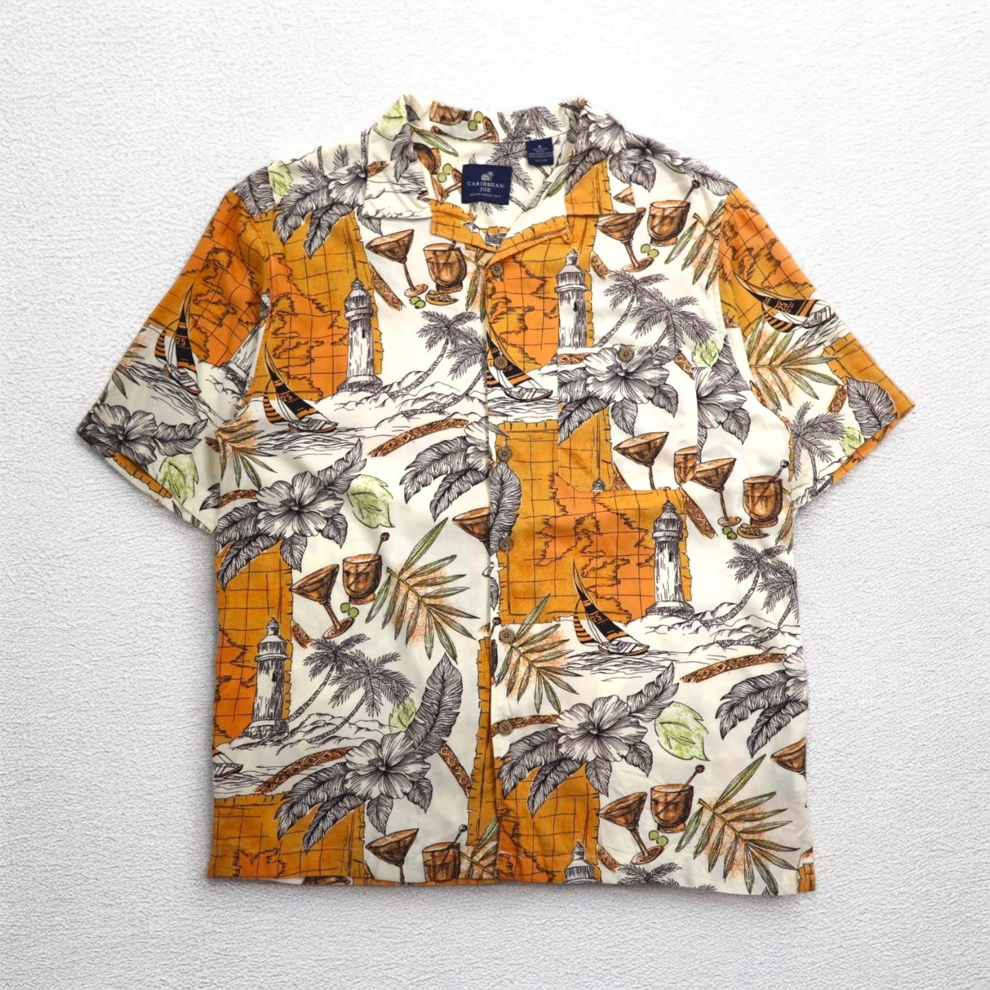 CARIBBEAN JOE 90年代 オープンカラー 開襟 アロハシャツ M オレンジ レーヨン 総柄 ヤシの木 カクテル ハイビスカス