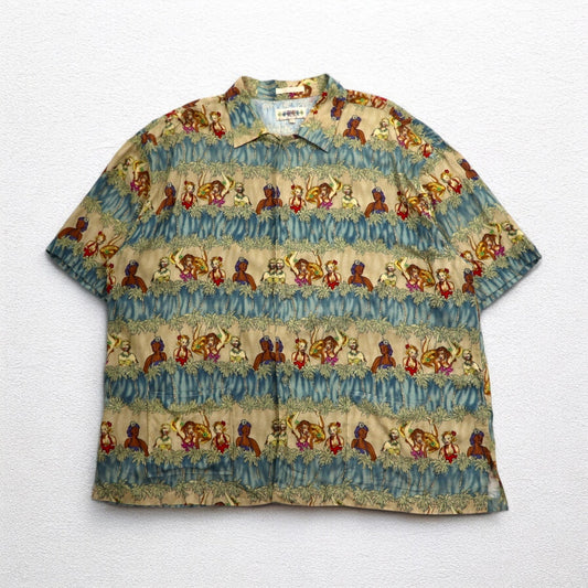 CAMPIA MODA 90年代 アロハシャツ XL カーキ レーヨン 総柄 フラガール