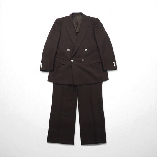 LANVIN ダブルブレスト ピークドラペル スーツ ブレザー セットアップ L ダークブラウン ウール メタルボタン ワイド