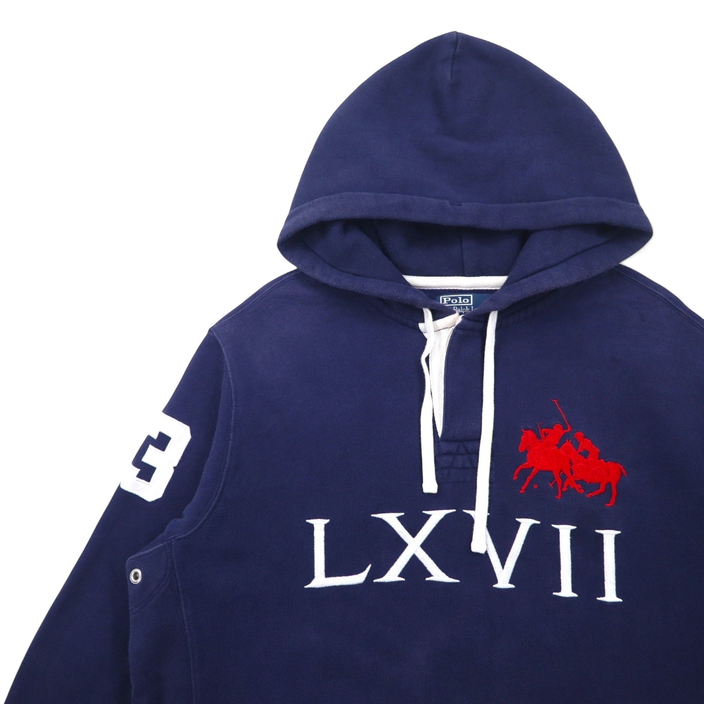 Polo by Ralph Lauren 90年代 デュアルマッチ 刺繍 ハーフボタン パーカー XL ネイビー コットン ナンバリング