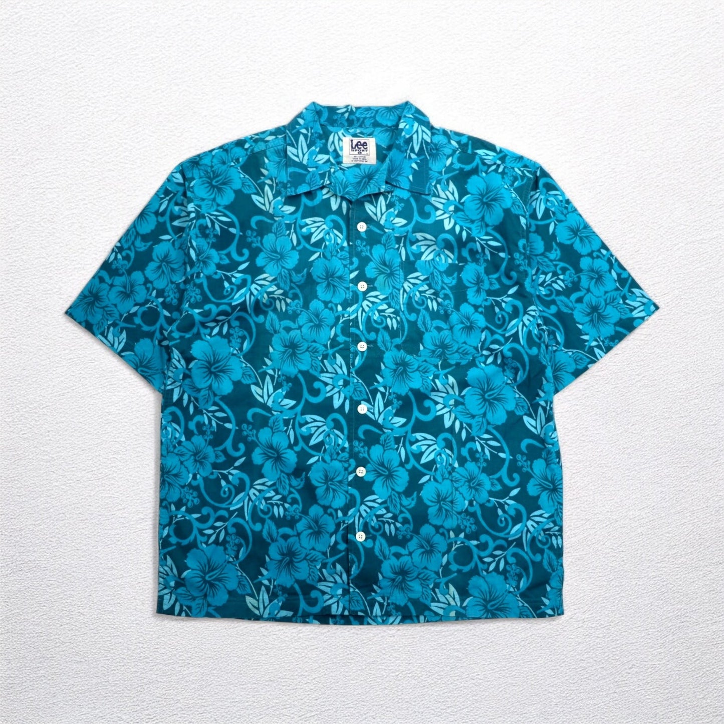 Lee SPORT 90年代 開襟 オープンカラー アロハシャツ L ブルー コットン 総柄 ハイビスカス