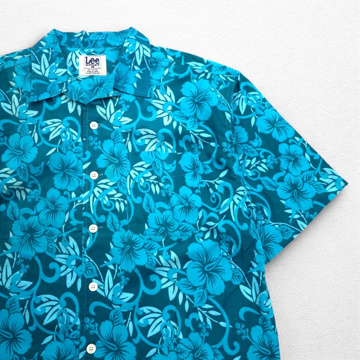 Lee SPORT 90年代 開襟 オープンカラー アロハシャツ L ブルー コットン 総柄 ハイビスカス