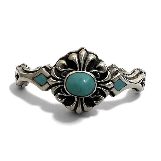 Vintage Silver Bangle ヴィンテージ フレア フローラル ターコイズ バングル 925 A&A ゴシック