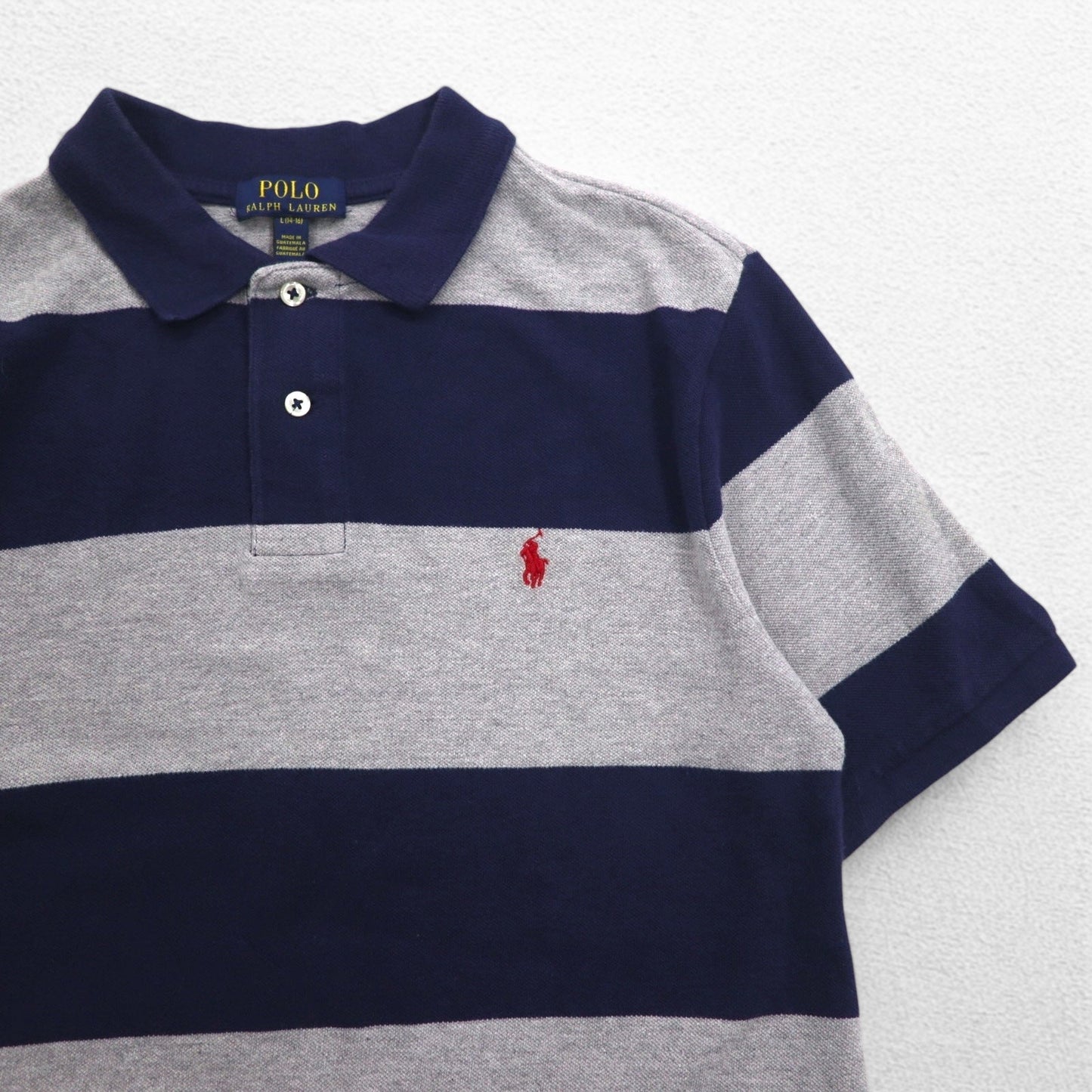 POLO RALPH LAUREN ボーダー ポロシャツ L グレー ネイビー コットン 鹿の子 スモールポニー刺繍
