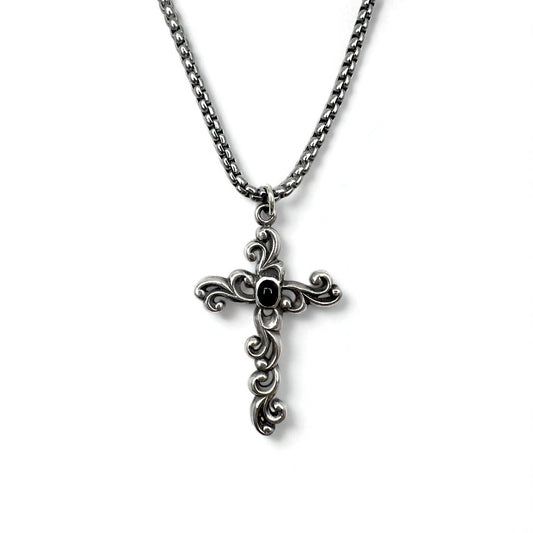Vintage Silver Cross Necklace ヴィンテージ 浮き唐草彫り クロス 十字架 ネックレス ブラックオニキス シルバー 925