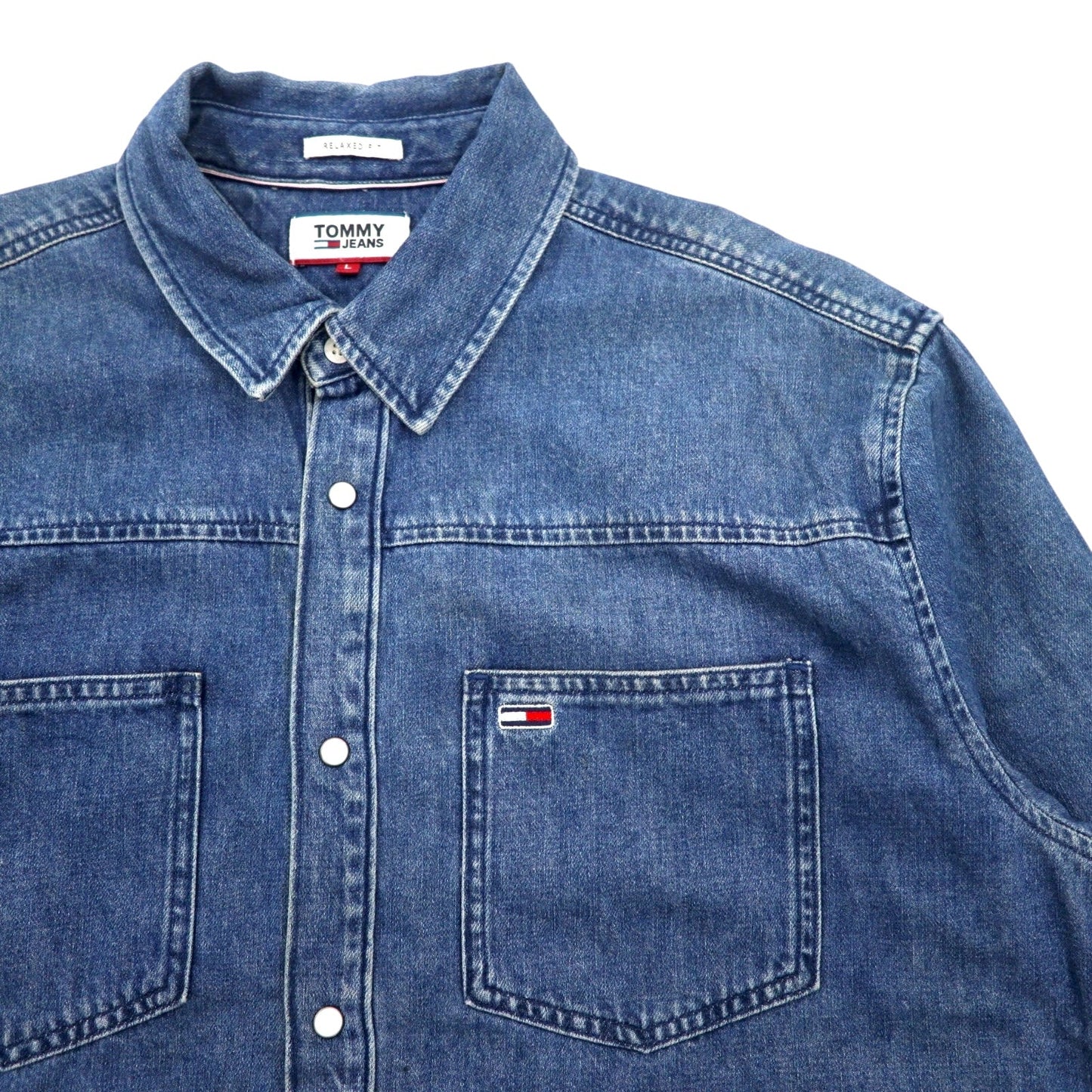 TOMMY JEANS バックプリント デニムシャツ L インディゴ ブルー スナップボタン RELAXED FIT DM0DM06735