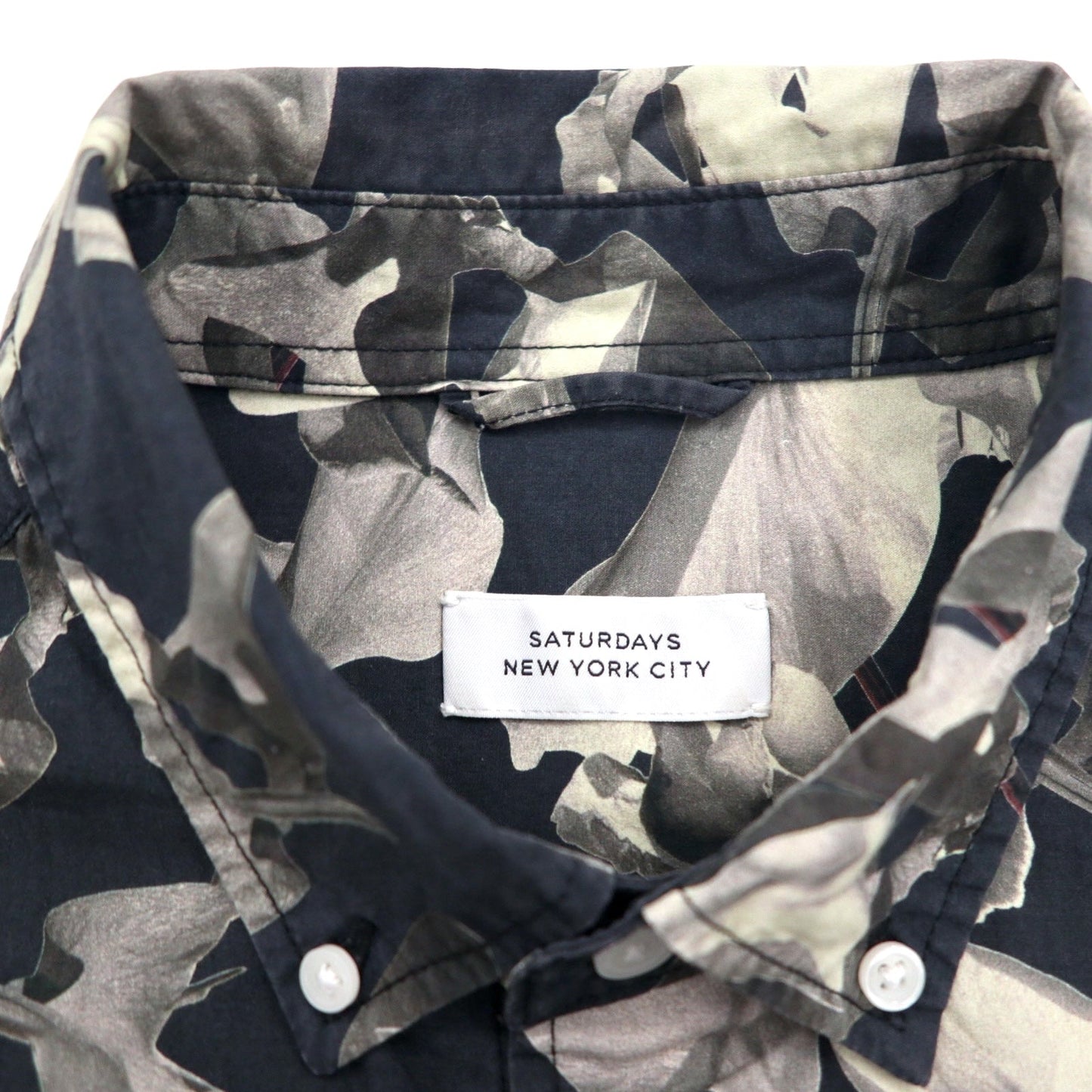SATURDAYS NYC 半袖 ボタンダウンシャツ M ブラック モノトーン コットン 総柄