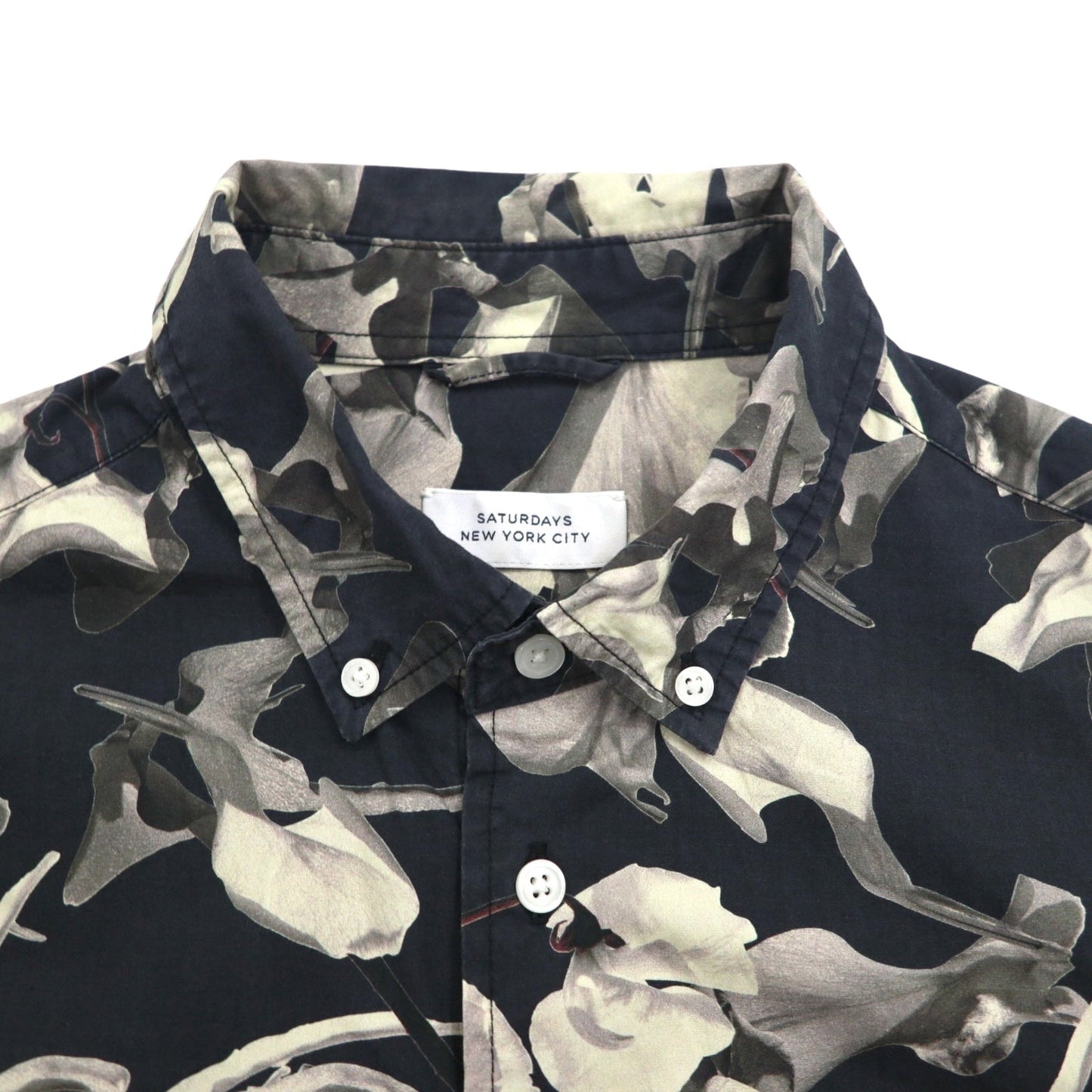 SATURDAYS NYC 半袖 ボタンダウンシャツ M ブラック モノトーン コットン 総柄