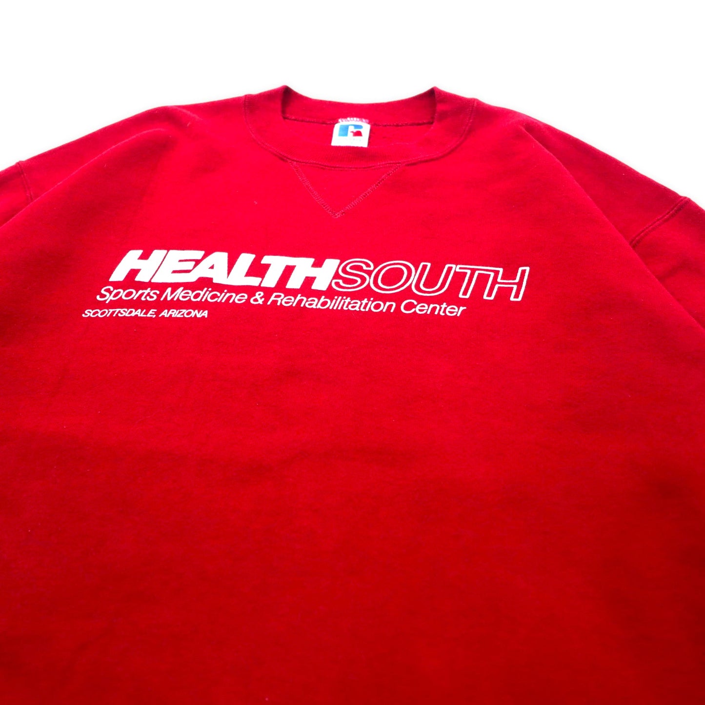 RUSSELL ATHLETIC USA製 90年代 プリントスウェット XL レッド コットン 裏起毛 HEALTH SOUTH ビッグサイズ