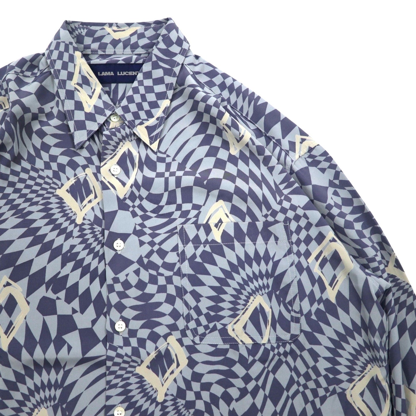 Vintage 90s Japan Made Retro Shirt LAMA LUCENTE 90年代 総柄 ポリシャツ FREE ブルー 幾何学柄 ポリエステル 日本製