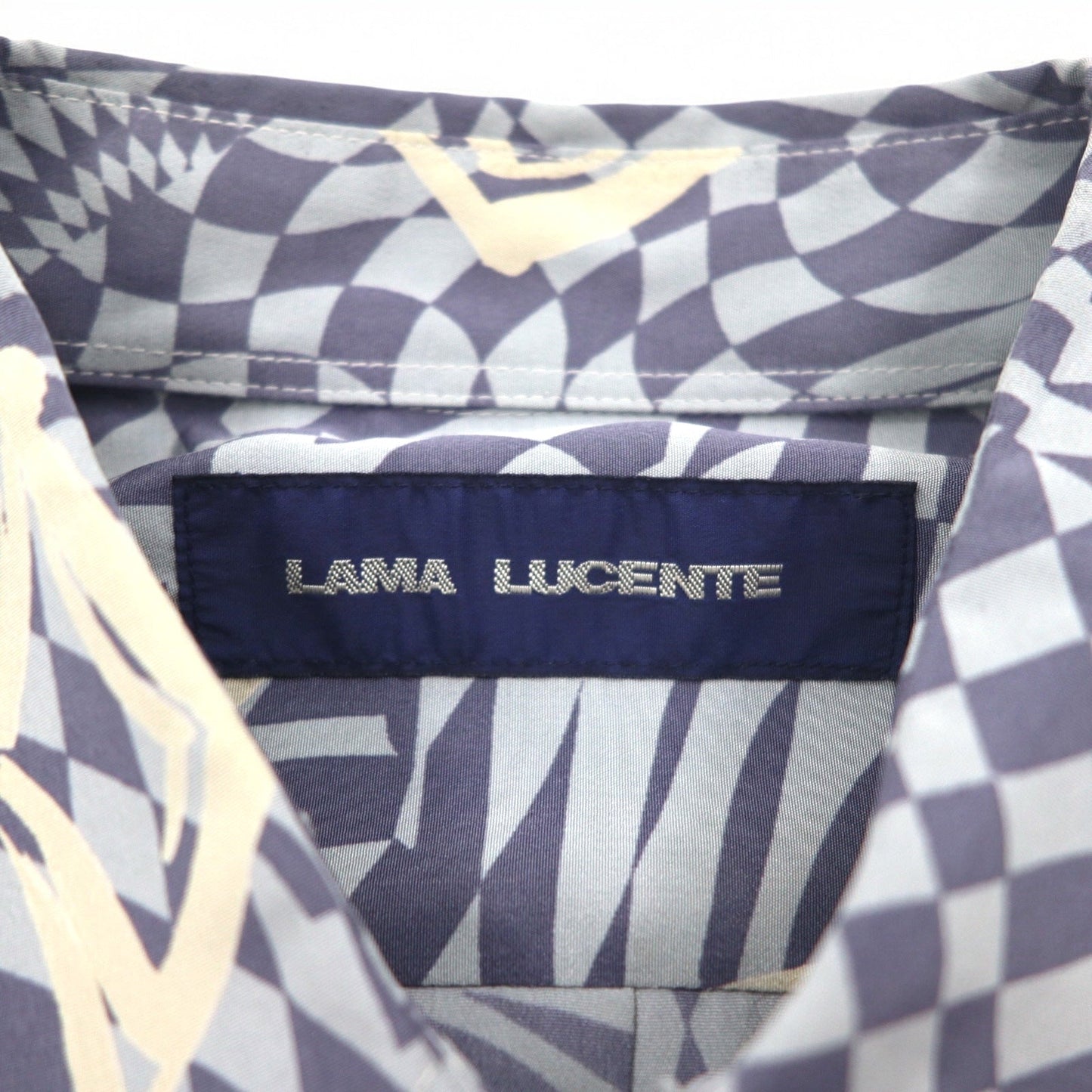 Vintage 90s Japan Made Retro Shirt LAMA LUCENTE 90年代 総柄 ポリシャツ FREE ブルー 幾何学柄 ポリエステル 日本製