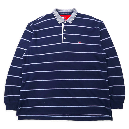 USA製 TOMMY HILFIGER 90年代 ボーダー ラガーシャツ 長袖ポロシャツ 2XLT ネイビー コットン ワンポイントロゴ刺繍 ビッグサイズ