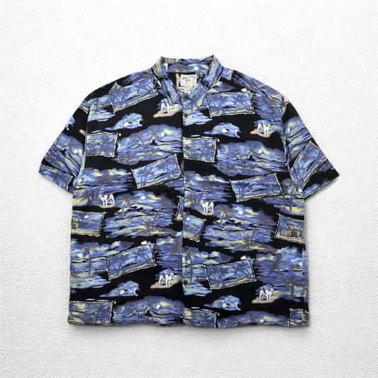 Big Dogs 90年代 アロハシャツ 4XL ビッグサイズ ブルー ブラック レーヨン 総柄 ヤシの木