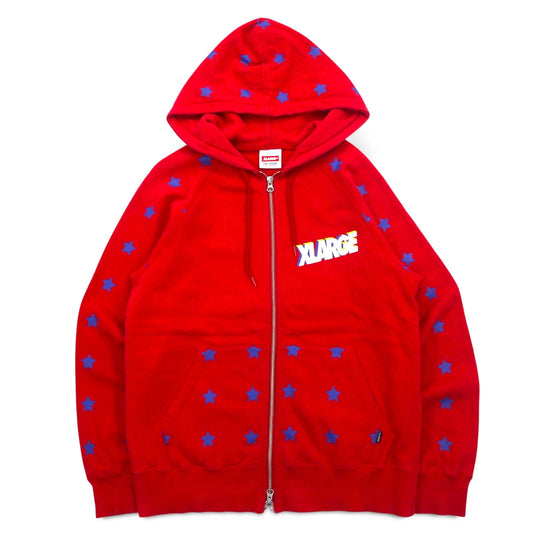 X-LARGE オーバーサイズ ダブルジップパーカー S レッド コットン 星柄 3D ロゴプリント