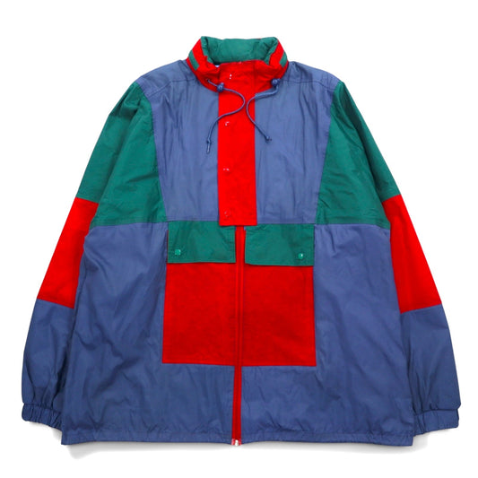 Vintage Euro Work Jacket ユーロワーク カラーブロック ナイロンジャケット XL ブルー フード収納式 ドローコード