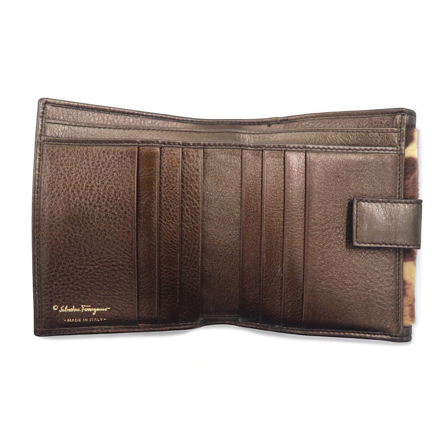Salvatore Ferragamo イタリア製 ガンチーニ ハラコ 2つ折り財布 レオパード柄 ブラウン レザー AQ-221792