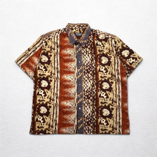 MAHARAJAH 90年代 半袖 ポリシャツ アロハシャツ XL ブラウン 総柄