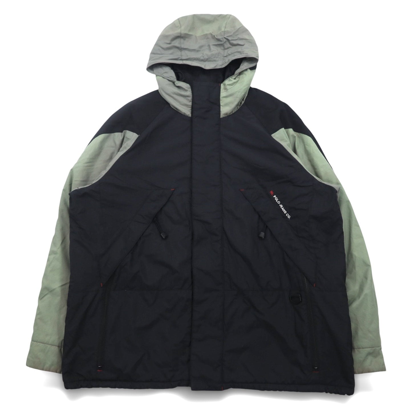 POLO JEANS Co. RALPH LAUREN 90年代 フード収納式 マウンテンパーカー L グリーン ブラック ナイロン リップストップ