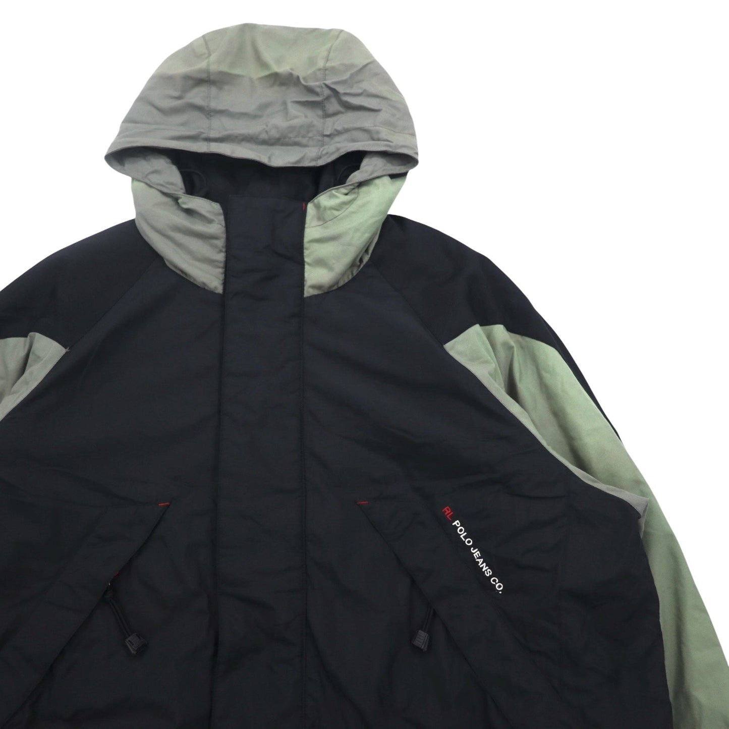 POLO JEANS Co. RALPH LAUREN 90年代 フード収納式 マウンテンパーカー L グリーン ブラック ナイロン リップストップ