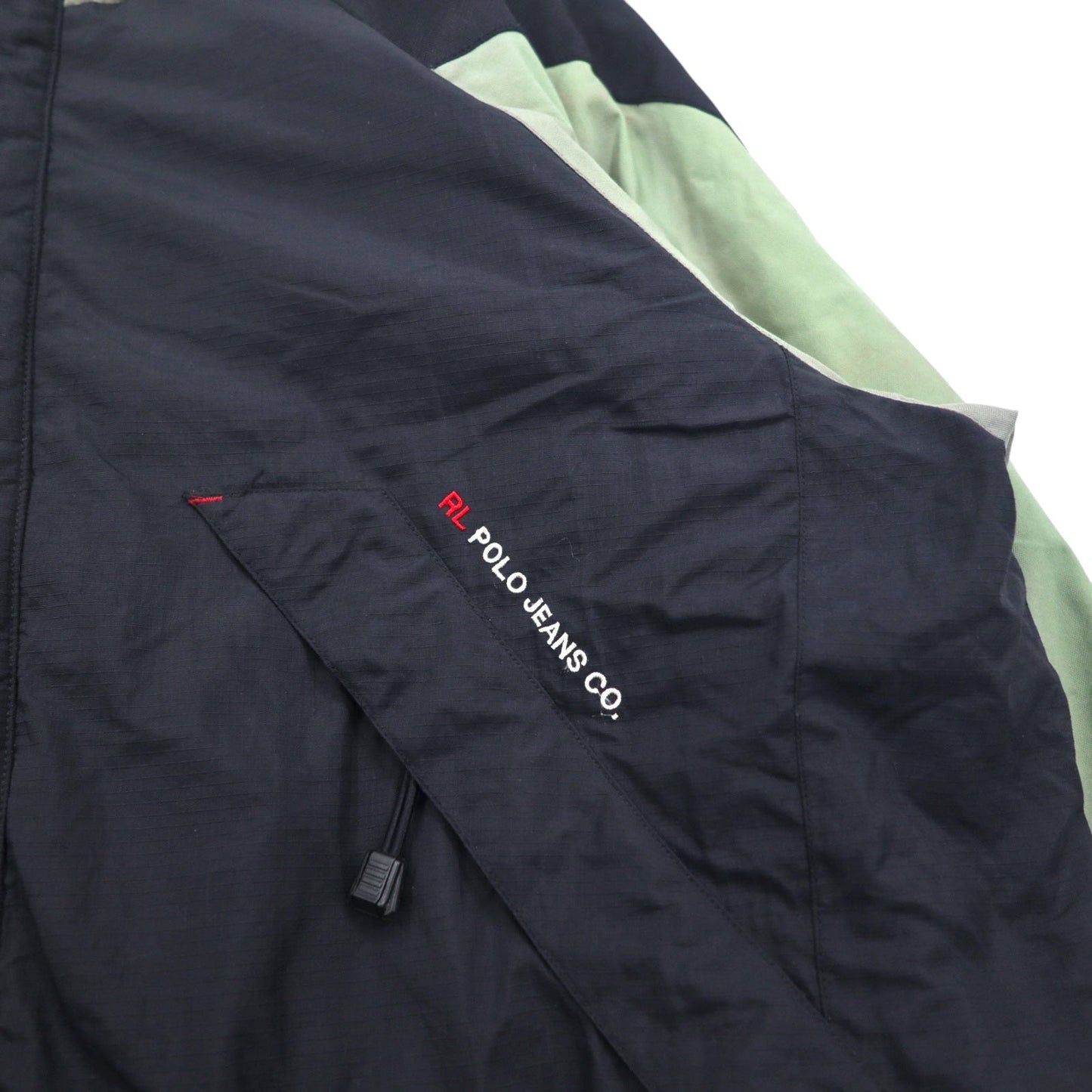 POLO JEANS Co. RALPH LAUREN 90年代 フード収納式 マウンテンパーカー L グリーン ブラック ナイロン リップストップ