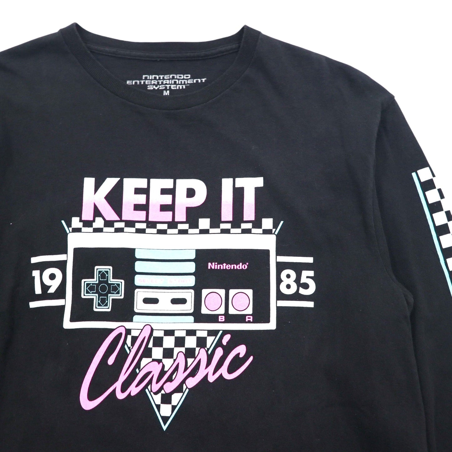 NINTENDO 1985 任天堂 ロングスリーブTシャツ ロンT M ブラック 袖プリント フラッグチェック