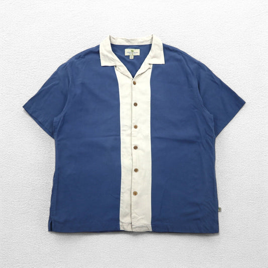 Island Shores シルク 半袖 オープンカラーシャツ 開襟 アロハシャツ 2XL ブルー ボックスシルエット ウォッシャブル