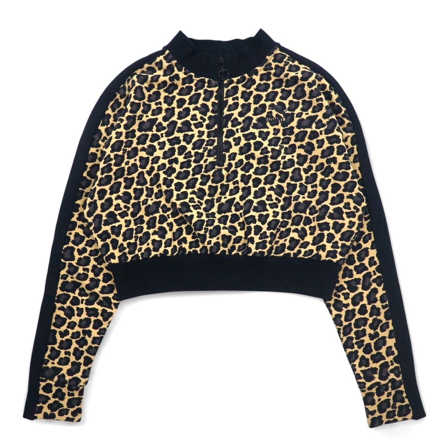 PUMA クロップド ハーフジップ スウェット M レオパード ベージュ 裏起毛 サイドライン