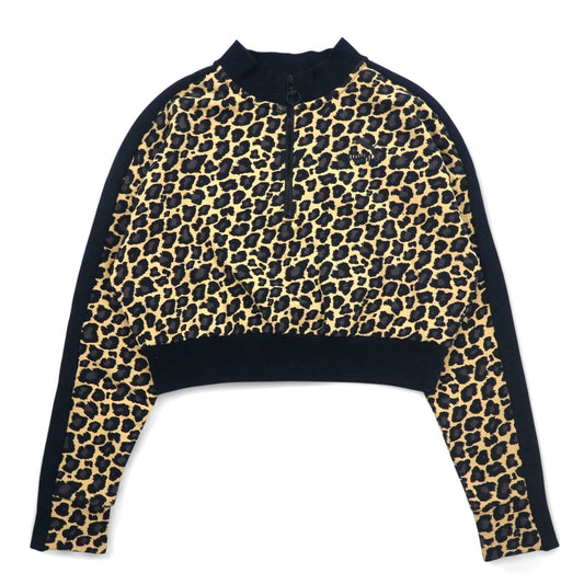 PUMA クロップド ハーフジップ スウェット M レオパード ベージュ 裏起毛 サイドライン