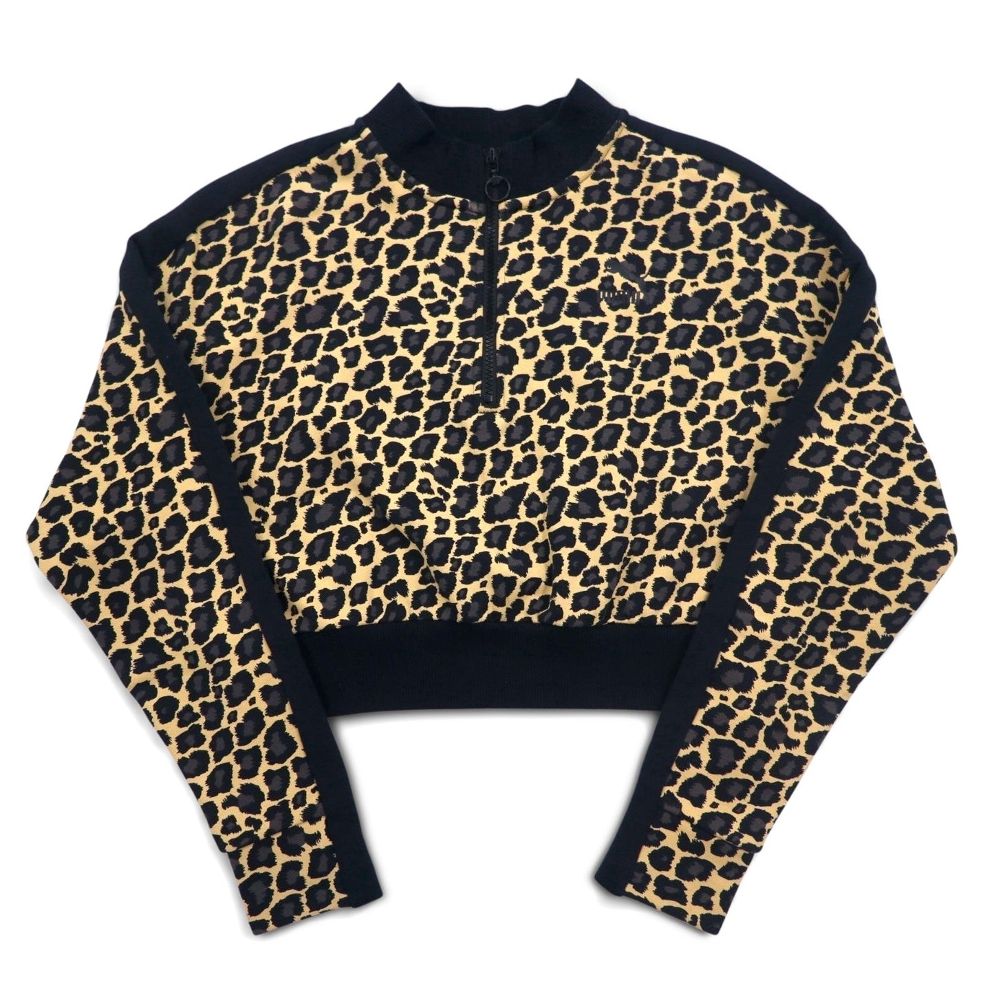 PUMA クロップド ハーフジップ スウェット M レオパード ベージュ 裏起毛 サイドライン
