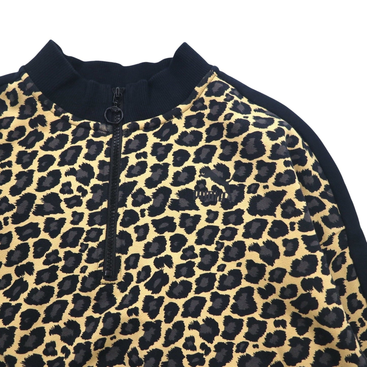 PUMA クロップド ハーフジップ スウェット M レオパード ベージュ 裏起毛 サイドライン
