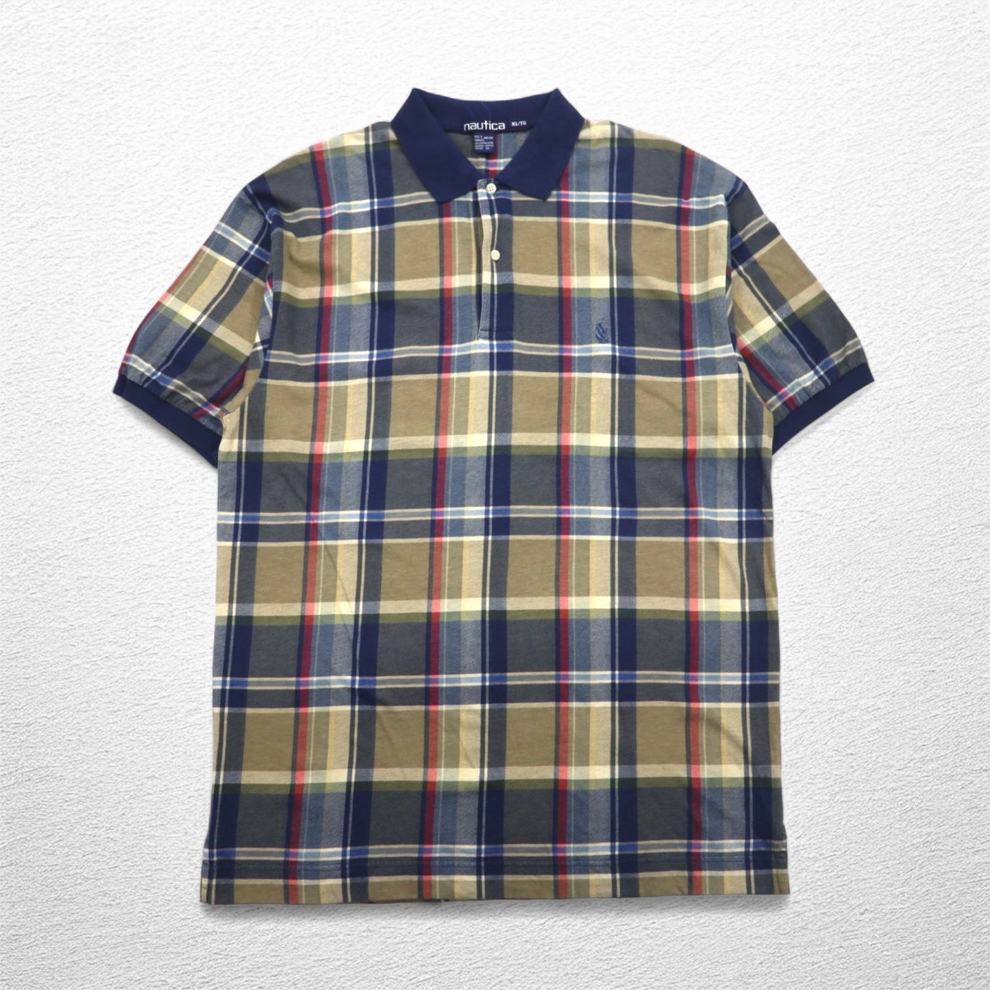 nautica 90年代 ポロシャツ XL ネイビー チェック コットン ワンポイントロゴ刺繍