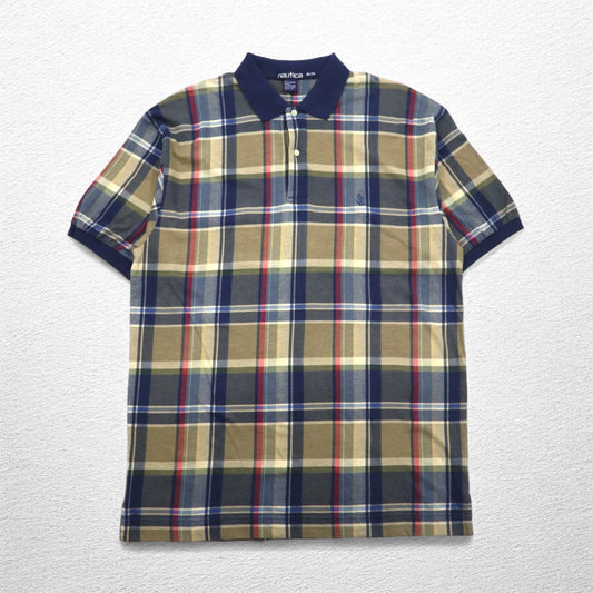 nautica 90年代 ポロシャツ XL ネイビー チェック コットン ワンポイントロゴ刺繍