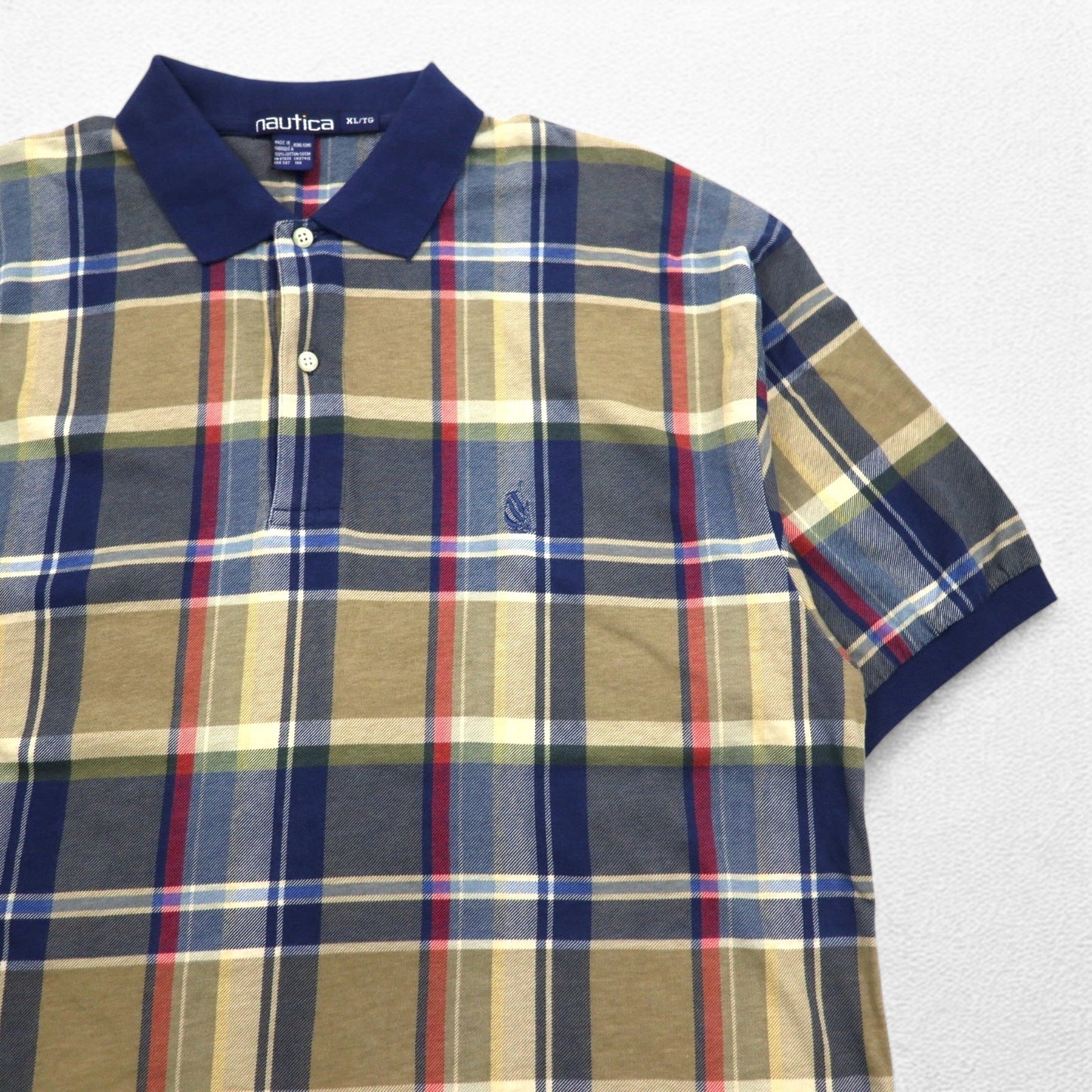 nautica 90年代 ポロシャツ XL ネイビー チェック コットン ワンポイントロゴ刺繍