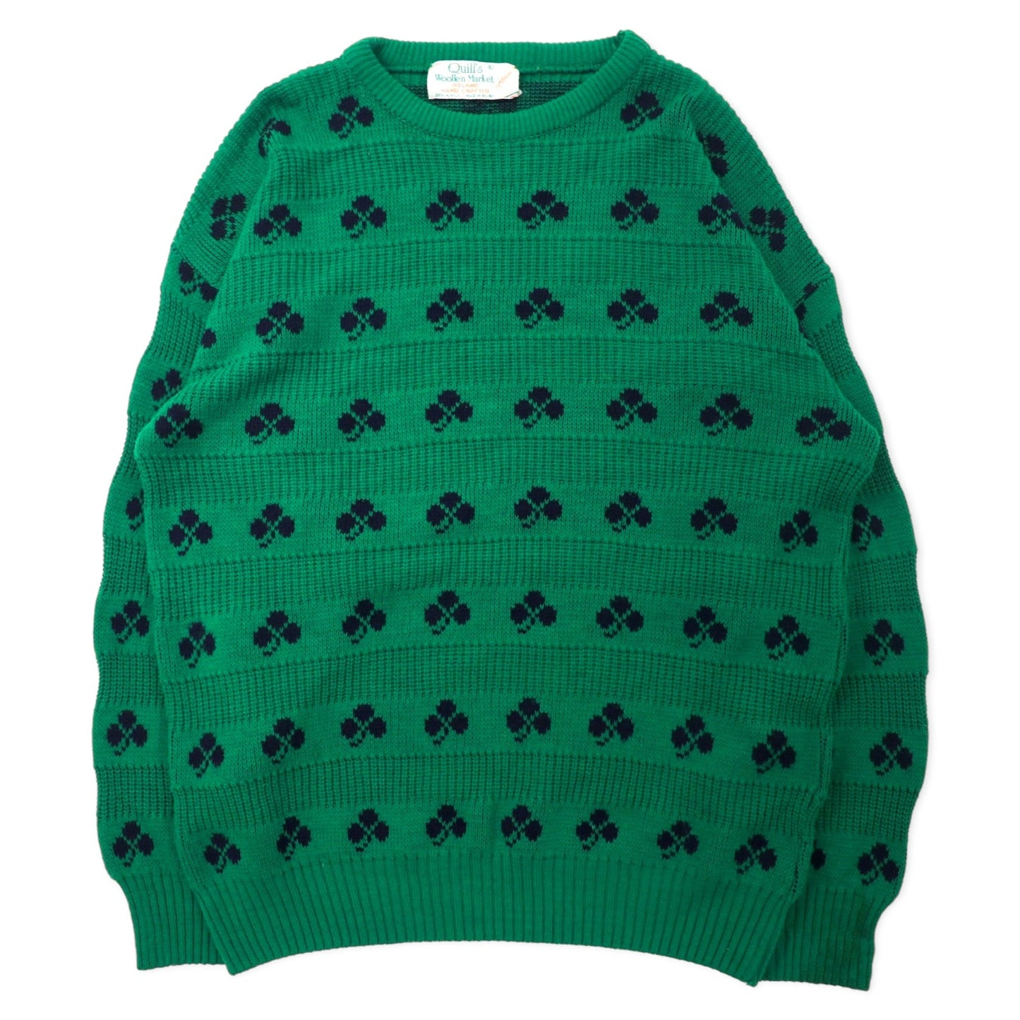Quill's Woollen Market 70年代 アイルランド製 ローゲージ ニット セーター XL グリーン 総柄 クローバー アクリル ビッグサイズ