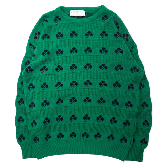 Quill's Woollen Market 70年代 アイルランド製 ローゲージ ニット セーター XL グリーン 総柄 クローバー アクリル ビッグサイズ