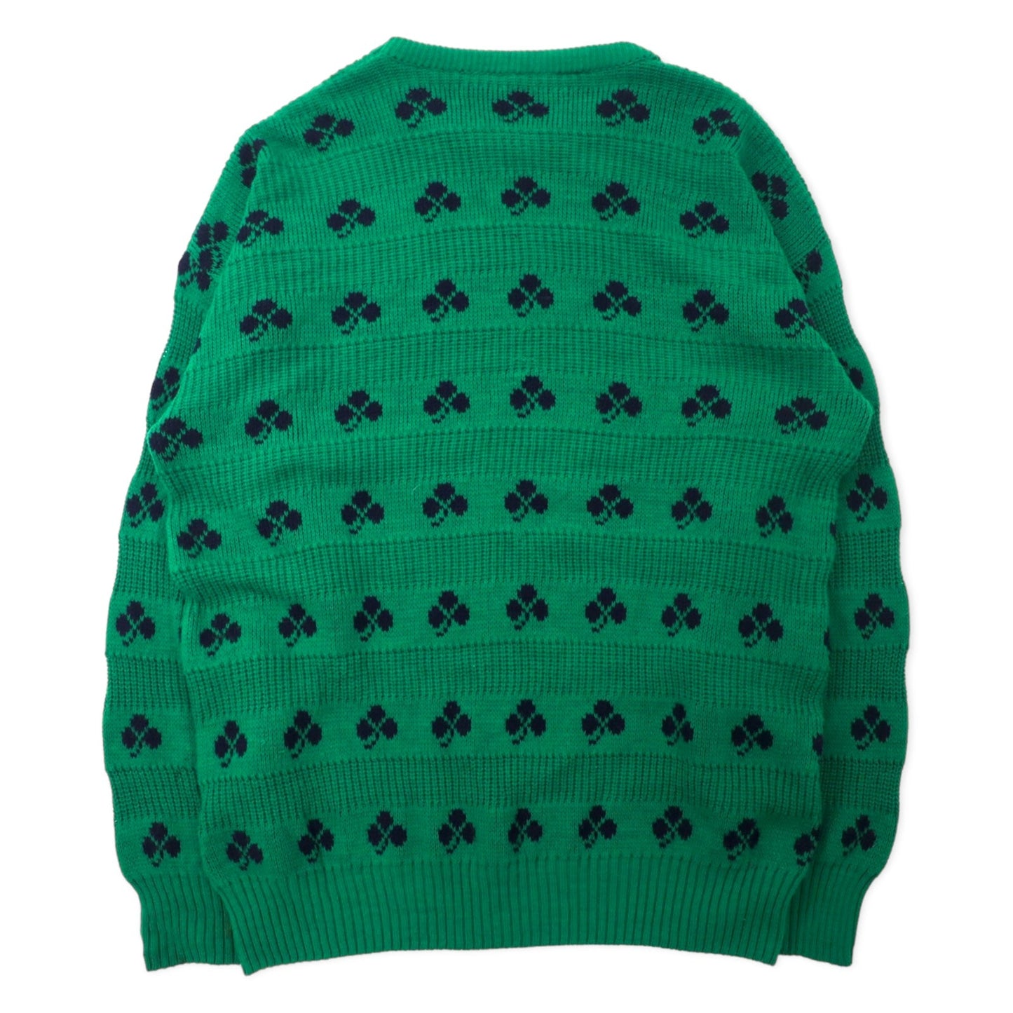 Quill's Woollen Market 70年代 アイルランド製 ローゲージ ニット セーター XL グリーン 総柄 クローバー アクリル ビッグサイズ