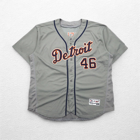 majestic USA製 MLB ベースボールシャツ XL グレー Detroit TIGERS ナンバリング FLEX BASE