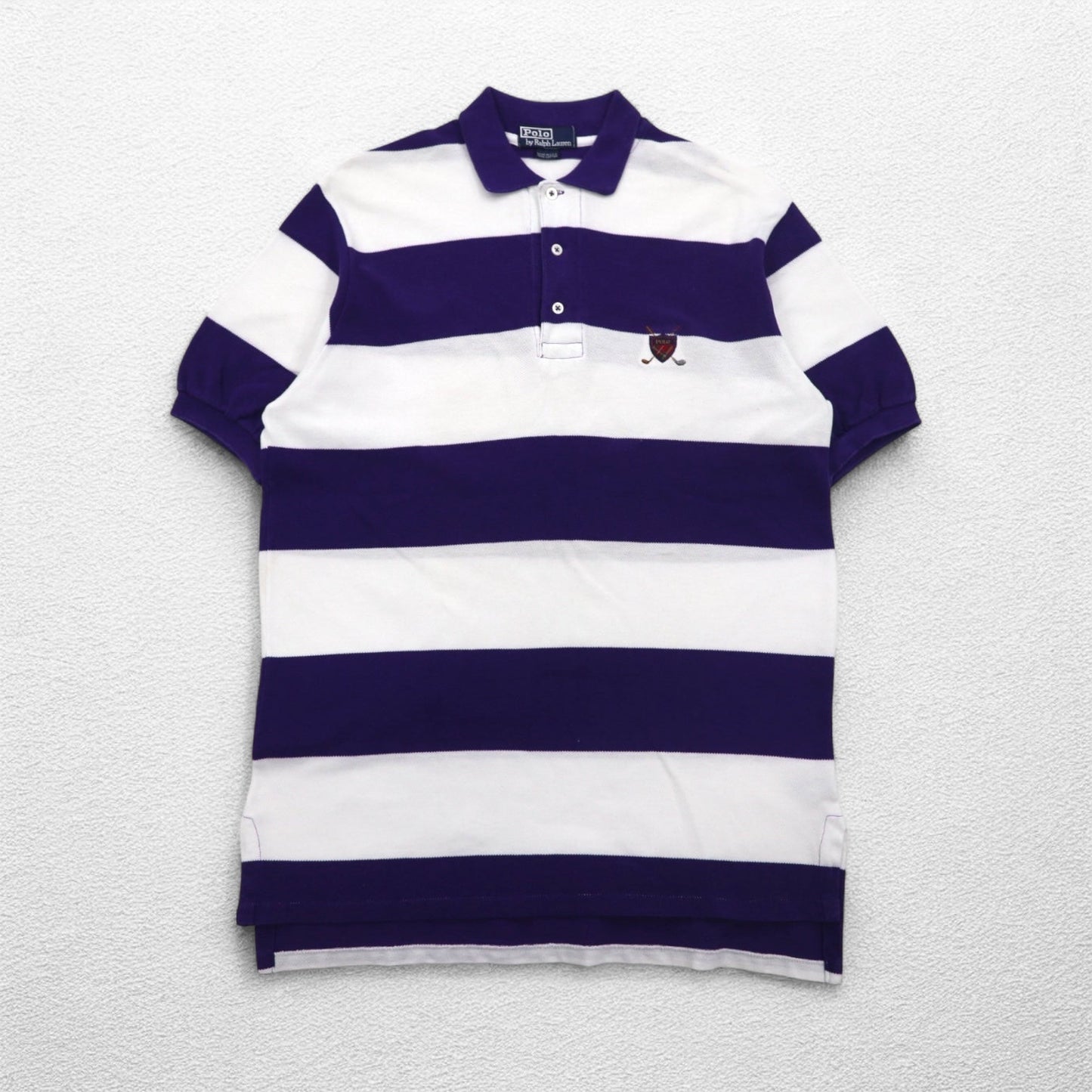 Polo by Ralph Lauren 90年代 USA製 ボーダー ポロシャツ L パープル ホワイト 鹿の子 ワンポイントロゴ刺繍