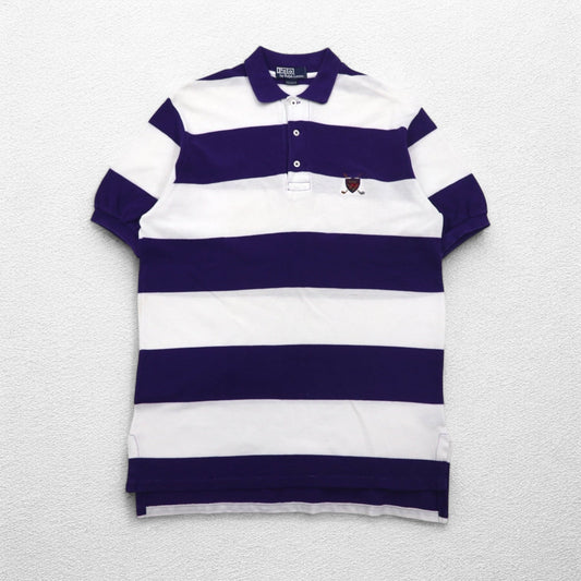 Polo by Ralph Lauren 90年代 USA製 ボーダー ポロシャツ L パープル ホワイト 鹿の子 ワンポイントロゴ刺繍