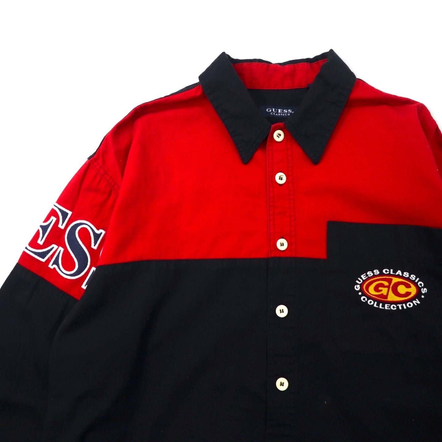 GUESS CLASSICS 90年代 ロゴ刺繍 ワークシャツ XL ブラック レッド バイカラー コットン