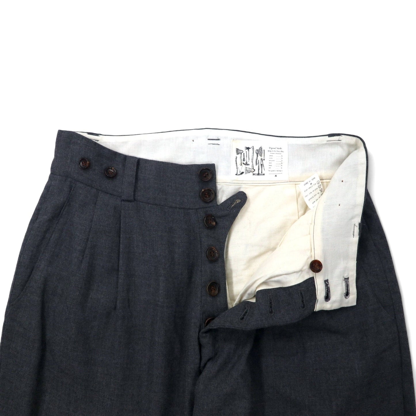 Digawel Works 2タック ワイドシルエット テーパード スラックスパンツ M グレー ウール サスペンダーボタン 日本製