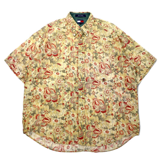 TOMMY HILFIGER 90年代 半袖 ボタンダウンシャツ XL ベージュ 花柄 リネン コットン ビッグサイズ