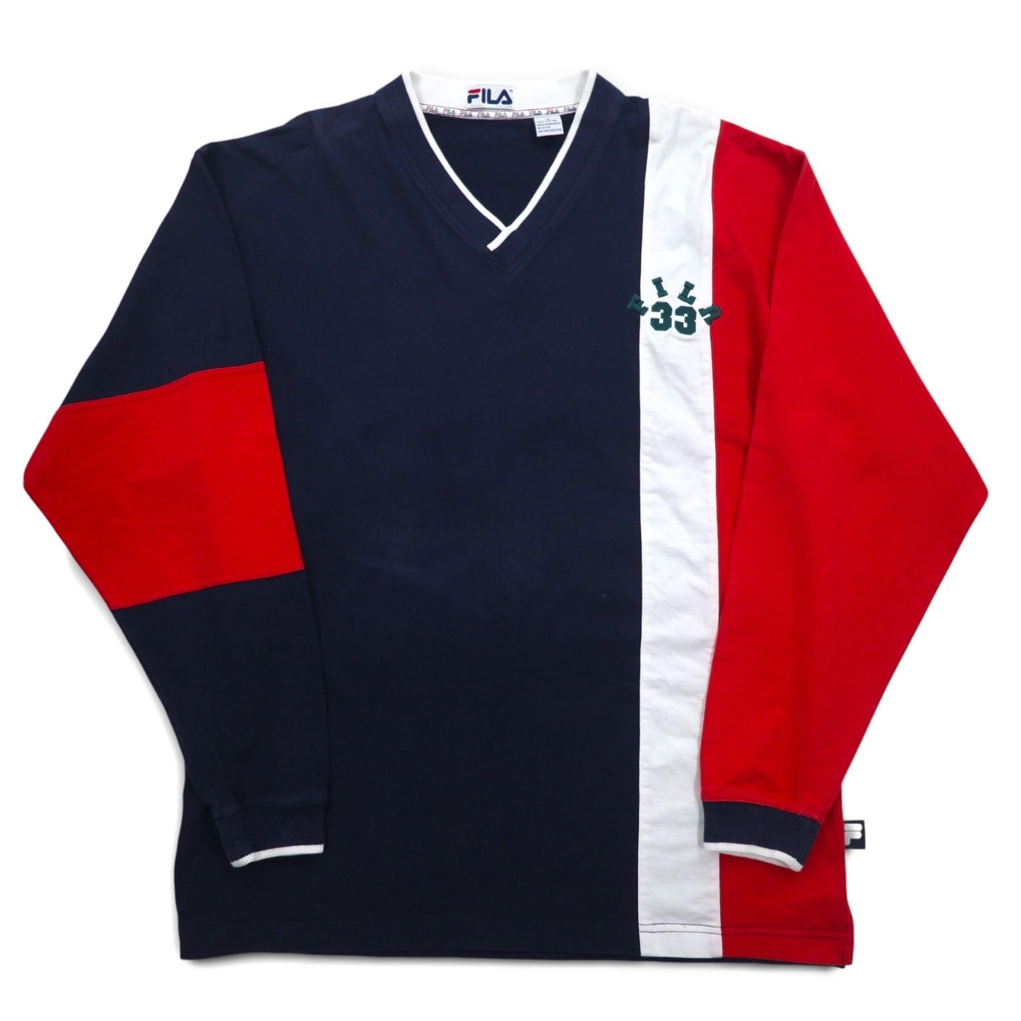 FILA 90年代 Vネック フットボール スウェット XL ネイビー トリコロール ナンバリング
